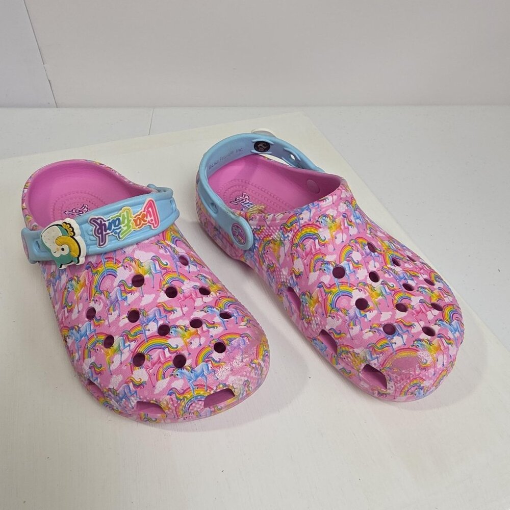 Crocs Lisa Frank Shoes Youth Size J3 Pink Classic Clog Unicorn Rainbow Print